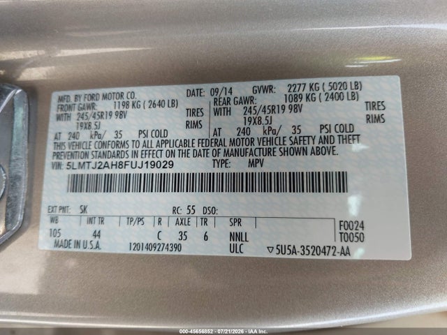 Продаж на аукціоні авто 2015 Lincoln Mkc, vin: 5LMTJ2AH8FUJ19029, номер лоту: 45656852