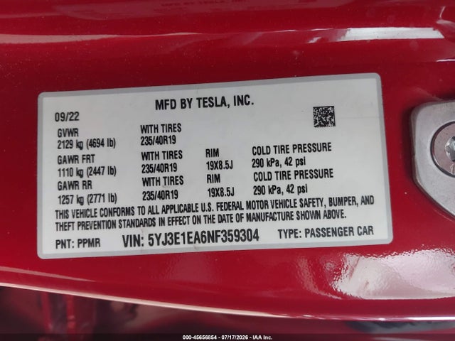 Tesla Model 3 Rear-wheel Drive 2022 5YJ3E1EA6NF359304 Image 9