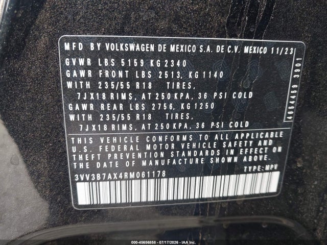 Продаж на аукціоні авто 2024 Volkswagen Tiguan 2.0t Se/2.0t Wolfsburg Edition, vin: 3VV3B7AX4RM061178, номер лоту: 45656858