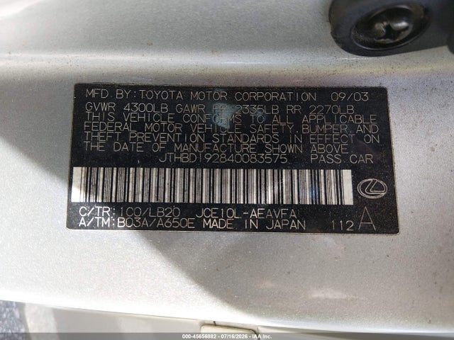 Продаж на аукціоні авто 2004 Lexus Is 300, vin: JTHBD192840083575, номер лоту: 45656882