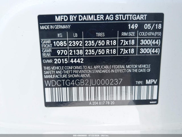 WDCTG4GB2JU000237 Mercedes-Benz Gla 250 4matic