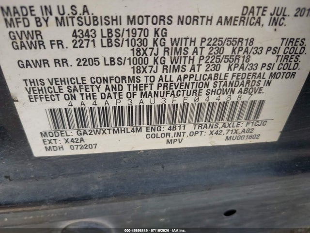 45656889 :رقم المزاد ، 4A4AP3AU3FE044887 vin ، 2015 Mitsubishi Outlander Sport Es مزاد بيع