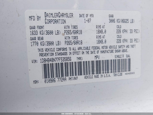 45656893 :رقم المزاد ، 1D8HB48N77F535856 vin ، 2007 Dodge Durango Slt مزاد بيع