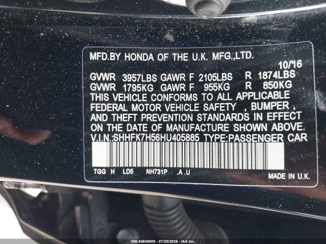 Honda CIVIC EX 2017 SHHFK7H56HU405885 Image 9