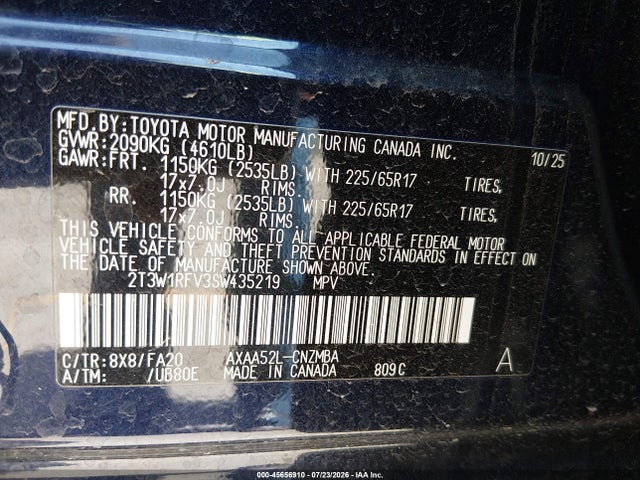 2025 Toyota Rav4 Xle მანქანა იყიდება აუქციონზე, vin: 2T3W1RFV3SW435219, აუქციონის ნომერი: 45656910
