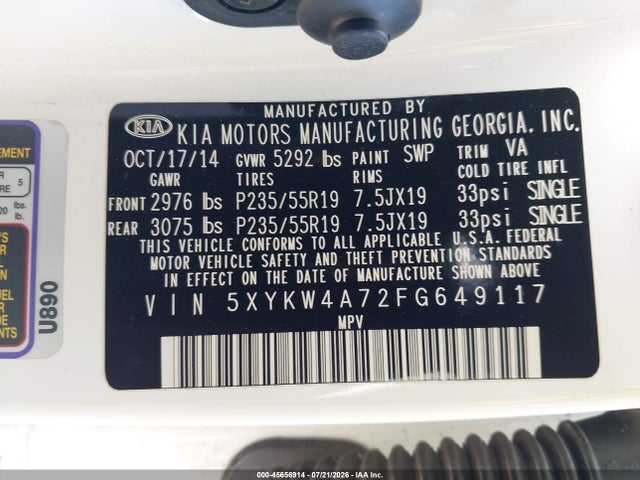 5XYKW4A72FG649117 KIA Sorento Sx V6