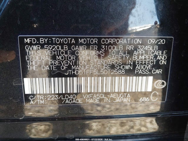 45656921 :رقم المزاد ، JTHD51FF5L5012588 vin ، 2020 Lexus Ls 500 مزاد بيع