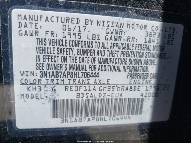 45656938 :رقم المزاد ، 3N1AB7AP8HL706444 vin ، 2017 Nissan Sentra Sv مزاد بيع