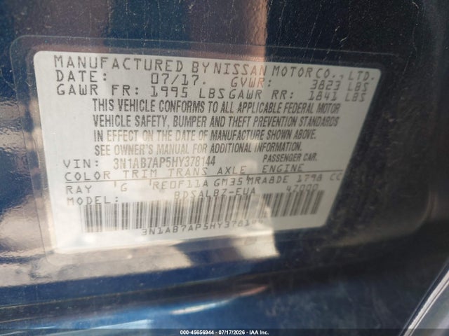 2017 Nissan Sentra S მანქანა იყიდება აუქციონზე, vin: 3N1AB7AP5HY378144, აუქციონის ნომერი: 45656944