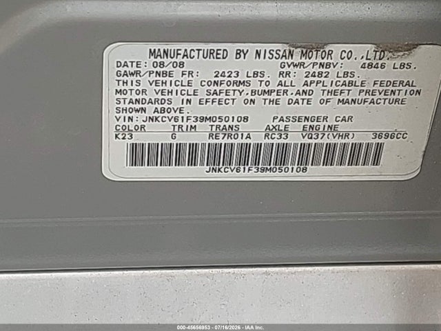 Aukcja sprzedaży 2009 Infiniti G37x, vin: JNKCV61F39M050108, numer aukcji: 45656953