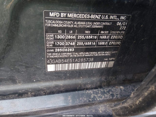 Aukcja sprzedaży 2001 Mercedes-benz Ml 320, vin: 4JGAB54E51A285738, numer aukcji: 45656970