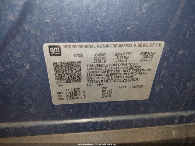 Продажа на аукционе авто 2026 Chevrolet Equinox Fwd Lt, vin: 3GNAXHEG0TL216806, номер лота: 45657001