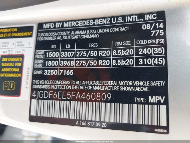 45657002 :رقم المزاد ، 4JGDF6EE5FA460809 vin ، 2015 Mercedes-benz Gl 450 4matic مزاد بيع