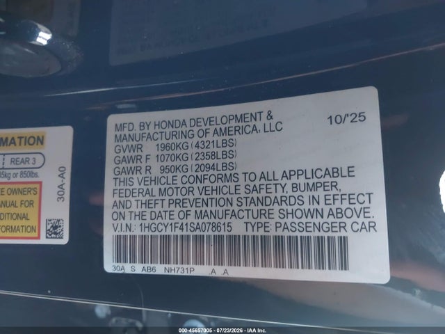 45657005 :رقم المزاد ، 1HGCY1F41SA078615 vin ، 2025 Honda Accord Se مزاد بيع