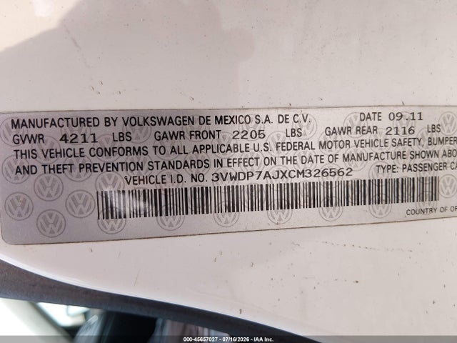 Aukcja sprzedaży 2012 Volkswagen Jetta 2.5l Se, vin: 3VWDP7AJXCM326562, numer aukcji: 45657027
