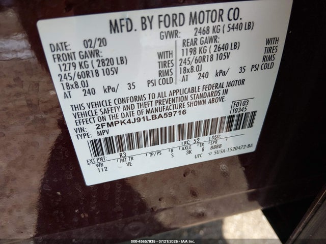 2FMPK4J91LBA59716 Ford EDGE SEL