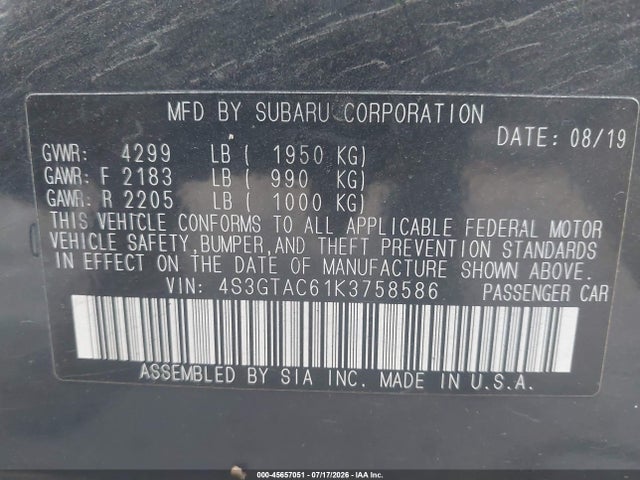 Продаж на аукціоні авто 2019 Subaru Impreza 2.0i Premium, vin: 4S3GTAC61K3758586, номер лоту: 45657051