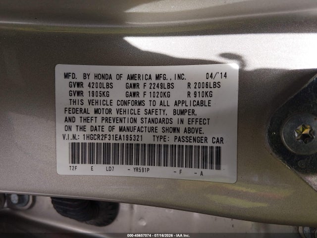 Honda ACCORD LX 2014 1HGCR2F31EA195321 Image 9