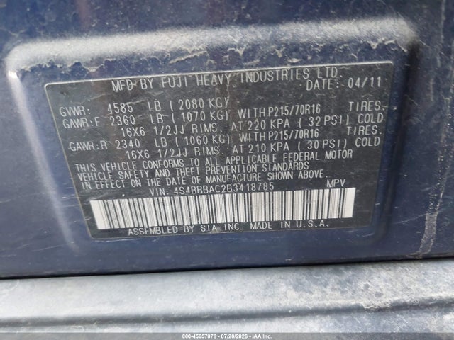 Продаж на аукціоні авто 2011 Subaru Outback 2.5i, vin: 4S4BRBAC2B3418785, номер лоту: 45657078