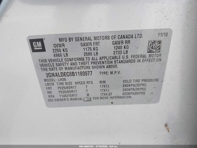 Продаж на аукціоні авто 2011 Chevrolet Equinox Lt W/1lt, vin: 2GNALDEC8B1180977, номер лоту: 45657081