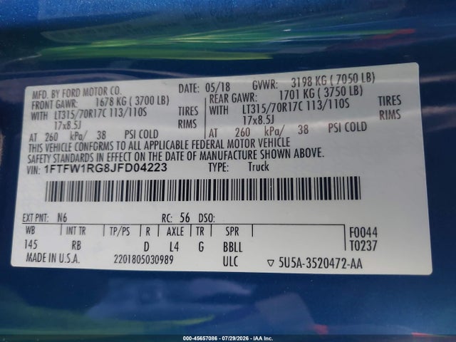 2018 Ford F-150 Raptor მანქანა იყიდება აუქციონზე, vin: 1FTFW1RG8JFD04223, აუქციონის ნომერი: 45657086