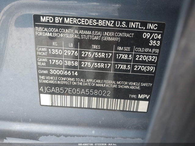 2005 Mercedes-benz Ml 350 4matic მანქანა იყიდება აუქციონზე, vin: 4JGAB57E05A558022, აუქციონის ნომერი: 45657106