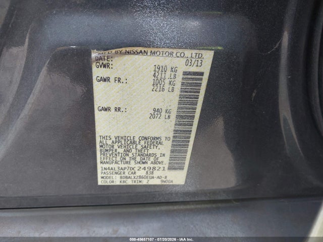 45657107 :رقم المزاد ، 1N4AL3AP7DC249821 vin ، 2013 Nissan Altima 2.5 Sl مزاد بيع