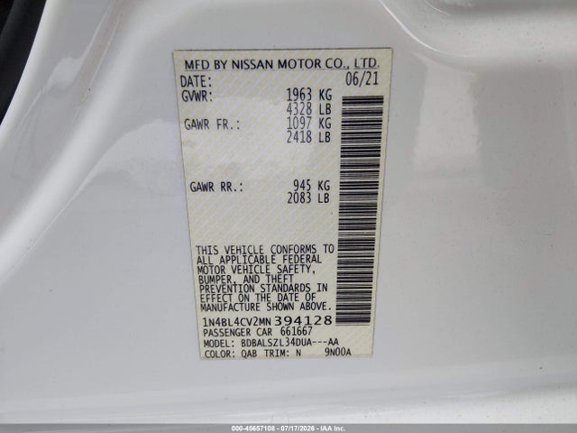 1N4BL4CV2MN394128 Nissan Altima Sr Fwd