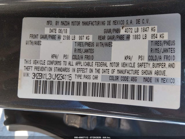 2018 Mazda Mazda3 Touring მანქანა იყიდება აუქციონზე, vin: 3MZBN1L3XJM234115, აუქციონის ნომერი: 45657112
