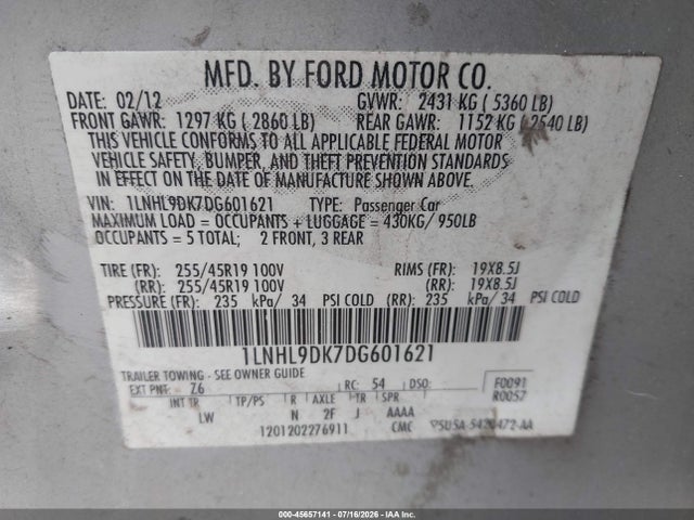 Продажа на аукционе авто 2013 Lincoln Mks, vin: 1LNHL9DK7DG601621, номер лота: 45657141