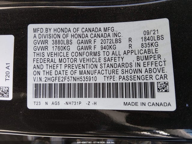 Honda Civic Sport 2022 2HGFE2F57NH535910 Image 9