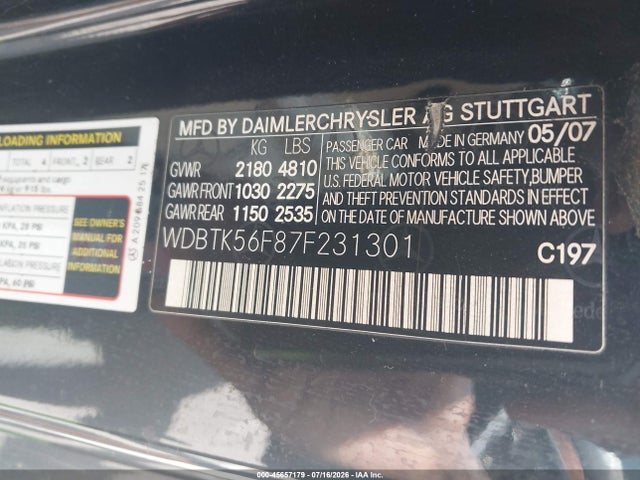 45657179 :رقم المزاد ، WDBTK56F87F231301 vin ، 2007 Mercedes-benz Clk 350 مزاد بيع