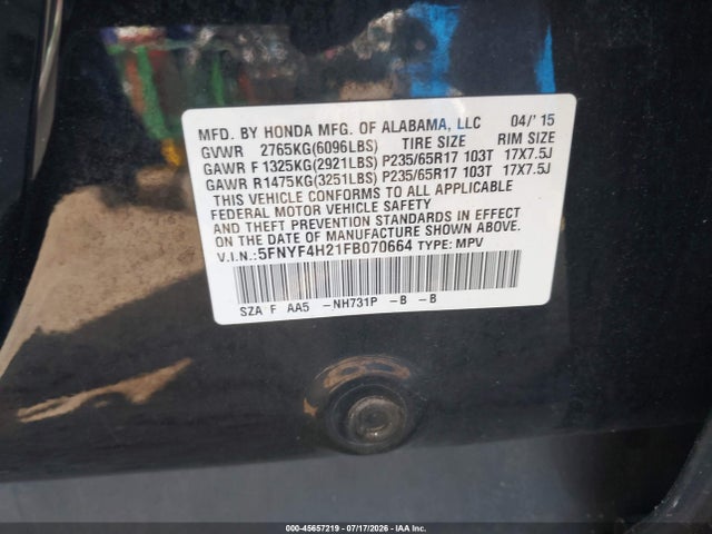 Honda PILOT LX 2015 5FNYF4H21FB070664 Image 9