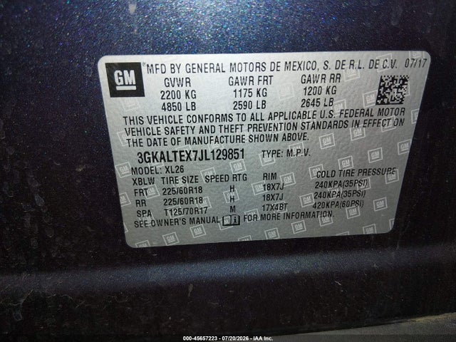 Aukcja sprzedaży 2018 Gmc Terrain Sle, vin: 3GKALTEX7JL129851, numer aukcji: 45657223
