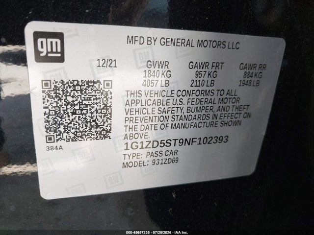 1G1ZD5ST9NF102393 Chevrolet Malibu Fwd Lt