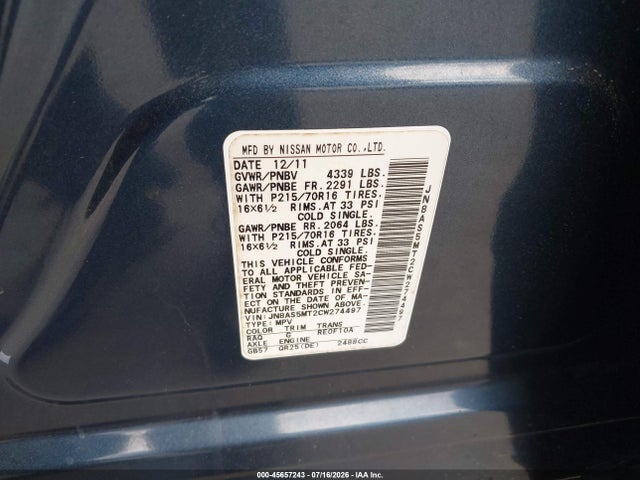 45657243 :رقم المزاد ، JN8AS5MT2CW274497 vin ، 2012 Nissan Rogue S مزاد بيع