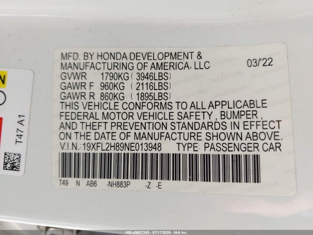 45657245 :رقم المزاد ، 19XFL2H89NE013948 vin ، 2022 Honda Civic Sport مزاد بيع