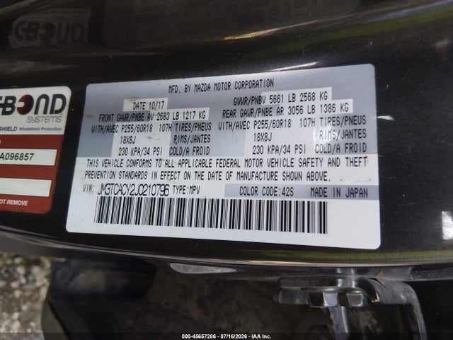 Aukcja sprzedaży 2018 Mazda Cx-9 Touring, vin: JM3TCACY2J0210796, numer aukcji: 45657286