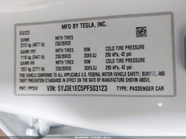 2023 Tesla Model 3 Performance Dual Motor All-wheel Drive მანქანა იყიდება აუქციონზე, vin: 5YJ3E1EC5PF503123, აუქციონის ნომერი: 45657287