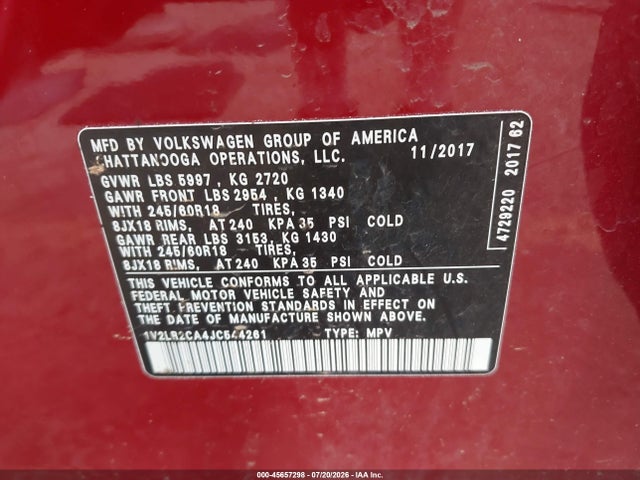 2018 Volkswagen Atlas 3.6l V6 Se/3.6l V6 Se W/technology მანქანა იყიდება აუქციონზე, vin: 1V2LR2CA4JC544261, აუქციონის ნომერი: 45657298