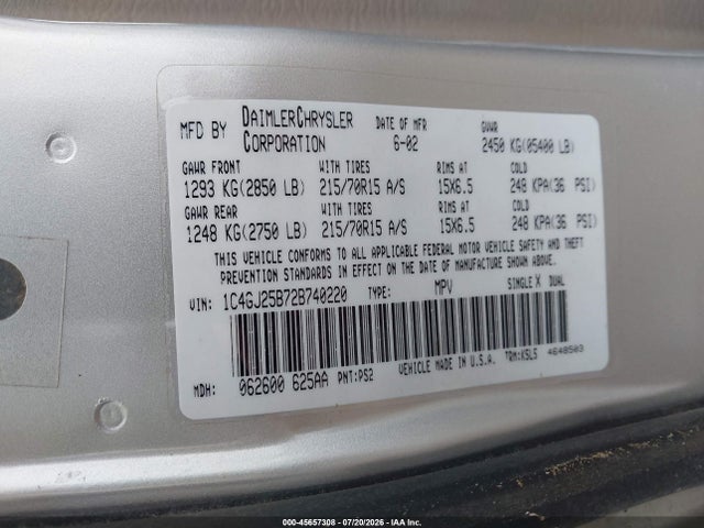 45657308 :رقم المزاد ، 1C4GJ25B72B740220 vin ، 2002 Chrysler Voyager مزاد بيع