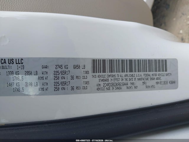 45657323 :رقم المزاد ، 2C4RDGBG3KR616444 vin ، 2019 Dodge Grand Caravan Se مزاد بيع
