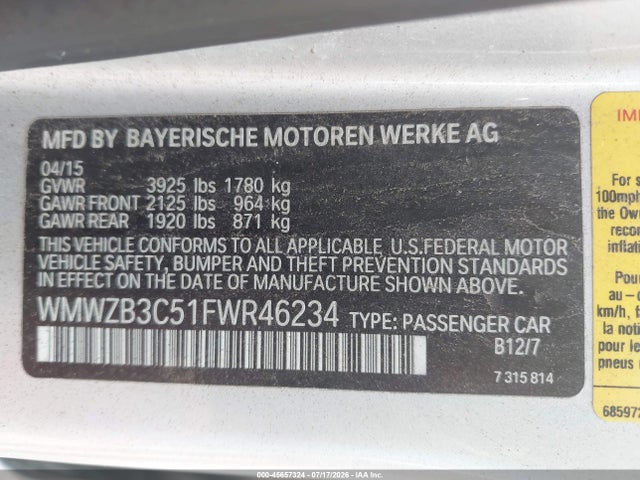 45657324 :رقم المزاد ، WMWZB3C51FWR46234 vin ، 2015 Mini Countryman Cooper مزاد بيع