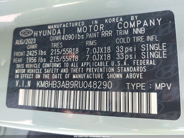 Продаж на аукціоні авто 2024 Hyundai Kona Sel, vin: KM8HB3AB9RU048290, номер лоту: 45657332