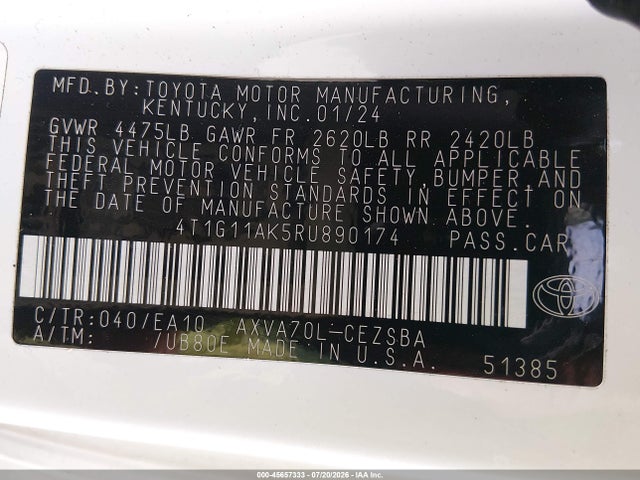 Aukcja sprzedaży 2024 Toyota Camry Se, vin: 4T1G11AK5RU890174, numer aukcji: 45657333