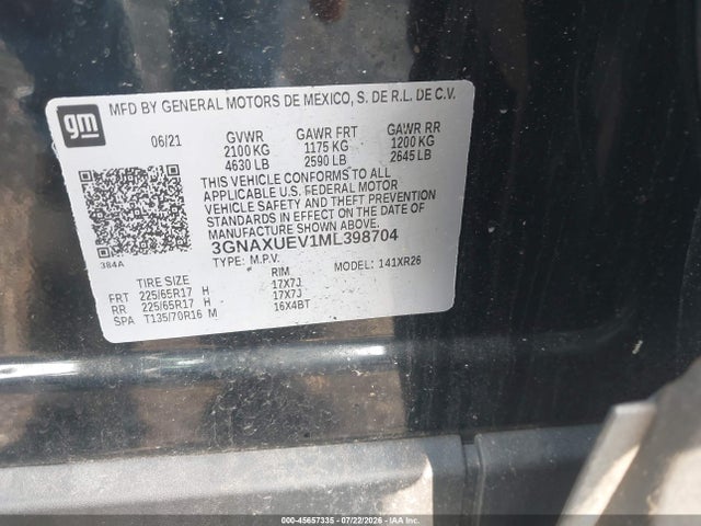 Aukcja sprzedaży 2021 Chevrolet Equinox Awd Lt, vin: 3GNAXUEV1ML398704, numer aukcji: 45657335