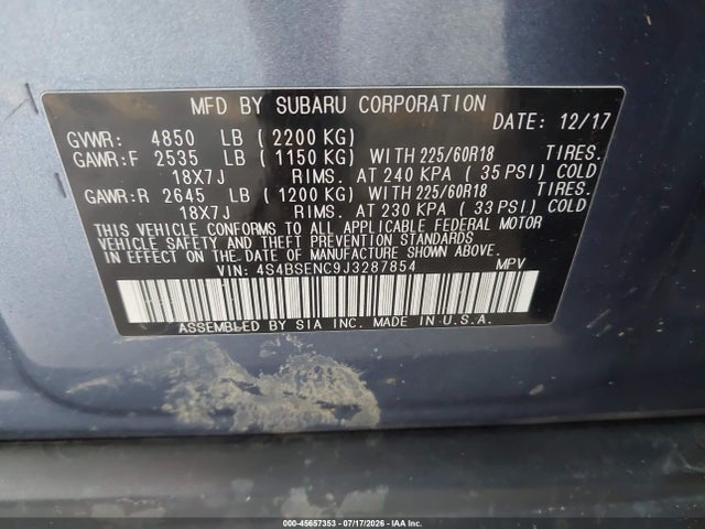 2018 Subaru Outback 3.6r Limited მანქანა იყიდება აუქციონზე, vin: 4S4BSENC9J3287854, აუქციონის ნომერი: 45657353