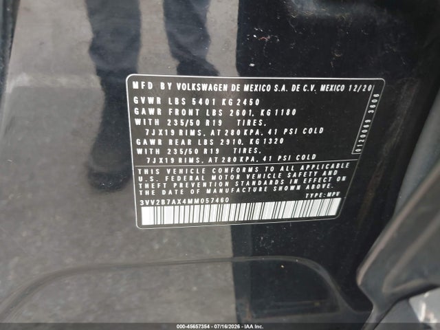 45657354 :رقم المزاد ، 3VV2B7AX4MM057460 vin ، 2021 Volkswagen Tiguan 2.0t Se/2.0t Se R-line Black/2.0t Sel مزاد بيع