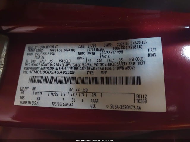 45657378 :رقم المزاد ، 1FMCU0GD2KUA93329 vin ، 2019 Ford Escape Se مزاد بيع