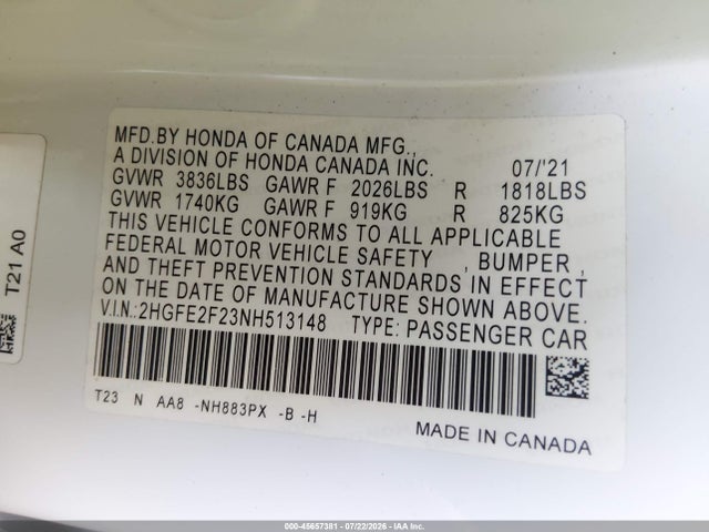 Honda Civic Lx 2022 2HGFE2F23NH513148 Image 9